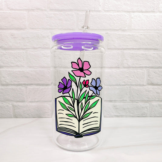 Floral Book - 16oz Glass Mug with Purple Acrylic Lid-Cricket Paper Co.