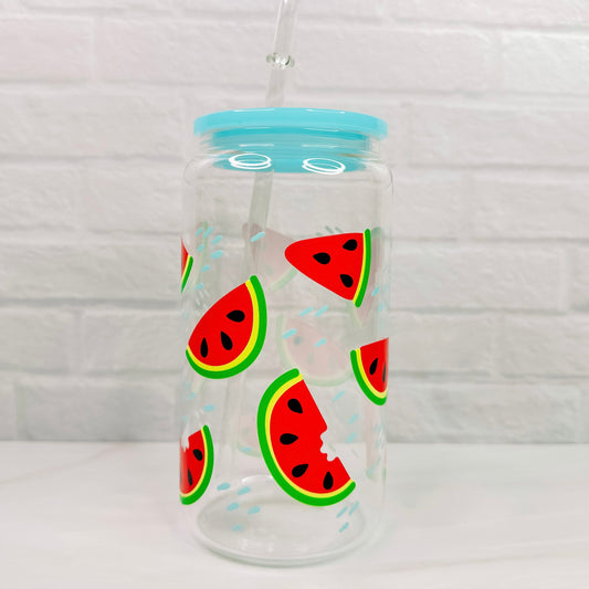 Watermelons - 16oz Glass Mug with Blue Acrylic Lid-Cricket Paper Co.