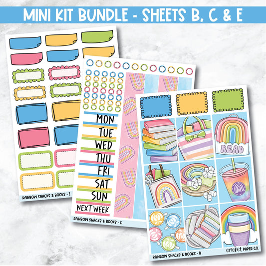Rainbow Snacks & Books Mini Kit Bundle Planner Stickers  - Sheets B, C and E