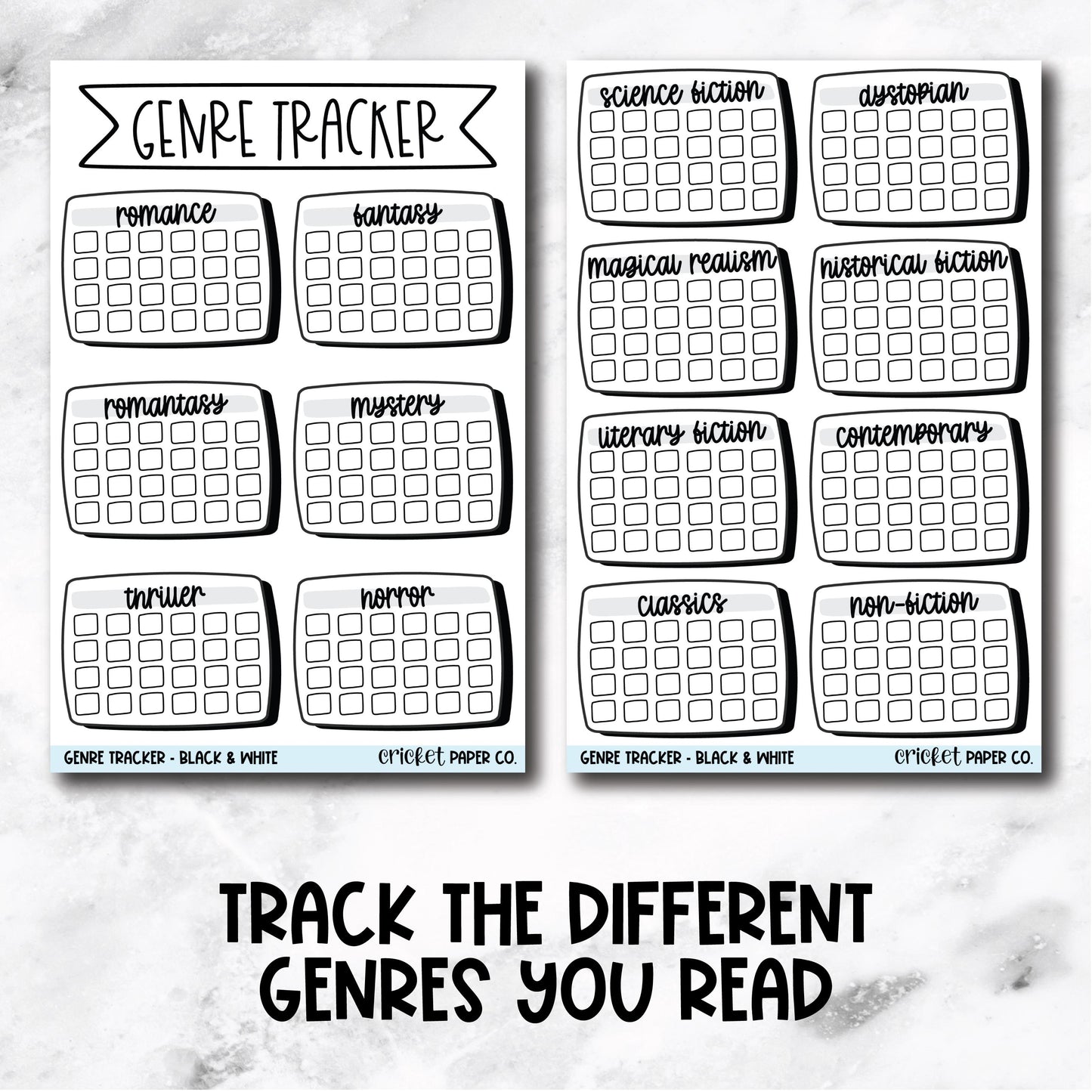 Book Genre Reading Tracker Book Journal Stickers - Black & White
