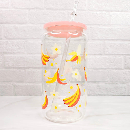Bananas - 16oz Glass Mug with Pink Acrylic Lid-Cricket Paper Co.