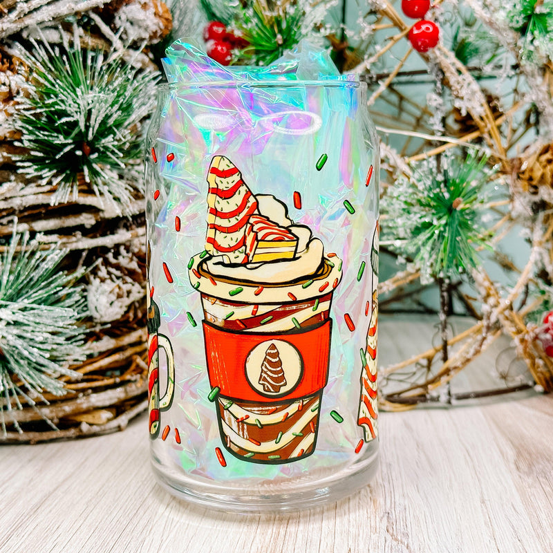 Christmas Tree Cake Coffee Cups - 16oz Libbey Glass Can Cup-Cricket Paper Co.