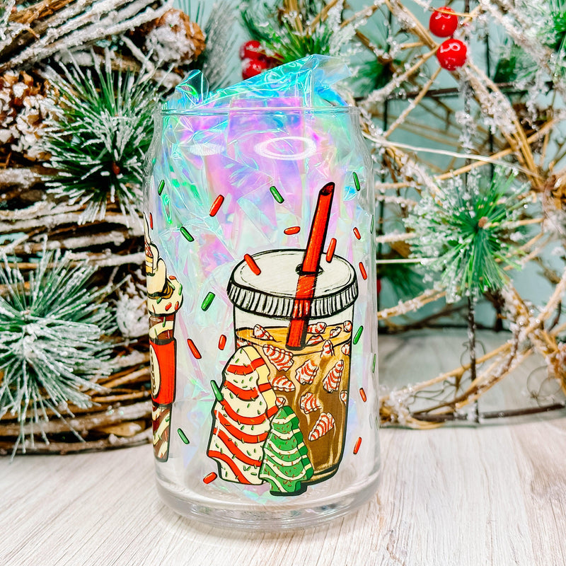 Christmas Tree Cake Coffee Cups - 16oz Libbey Glass Can Cup-Cricket Paper Co.