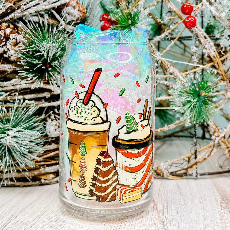 Christmas Tree Cake Coffee Cups - 16oz Libbey Glass Can Cup-Cricket Paper Co.