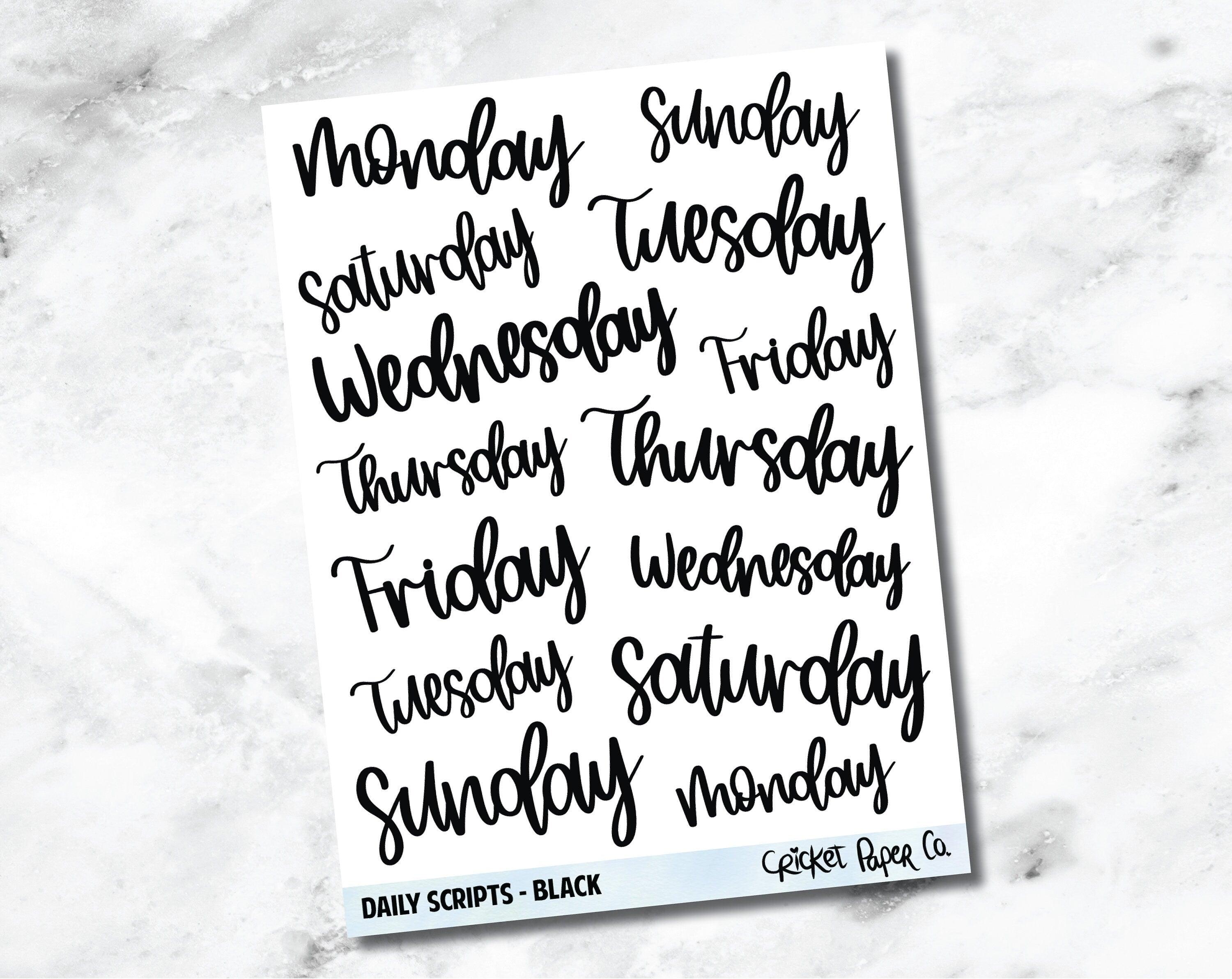 Days of the Week Hand Lettered Script Planner Stickers - Black ...