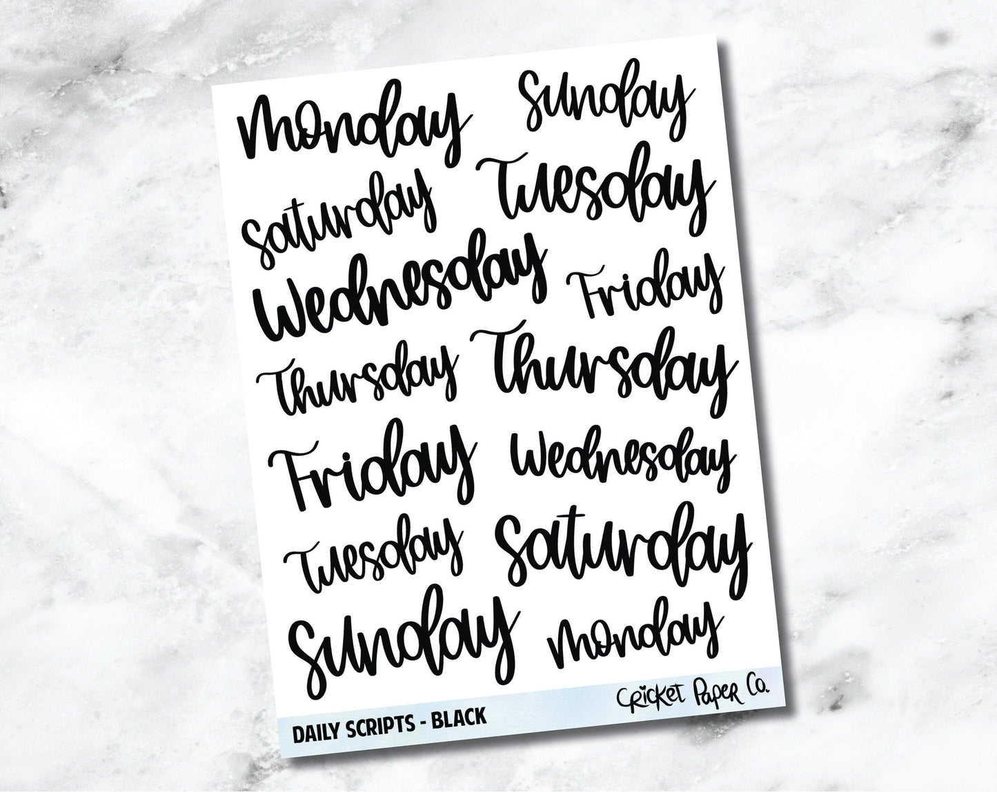 Days of the Week Hand Lettered Script Planner Stickers - Black-Cricket Paper Co.