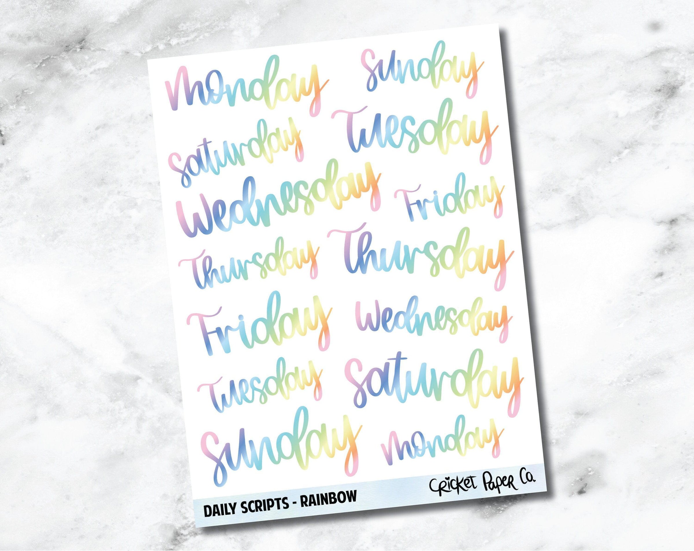 Days of the Week Hand Lettered Script Planner Stickers - Rainbow – Cricket  Paper Co.