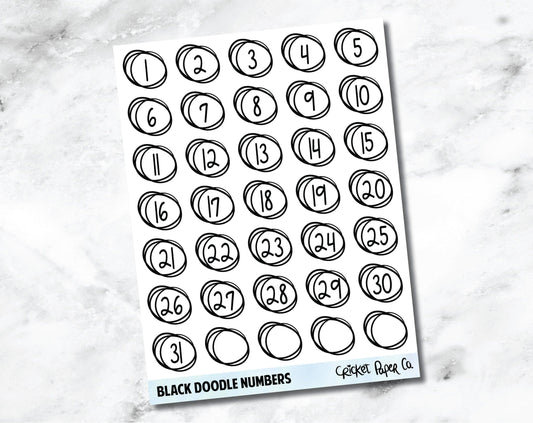 Decorative Date Number Planner Stickers - Black Doodle-Cricket Paper Co.