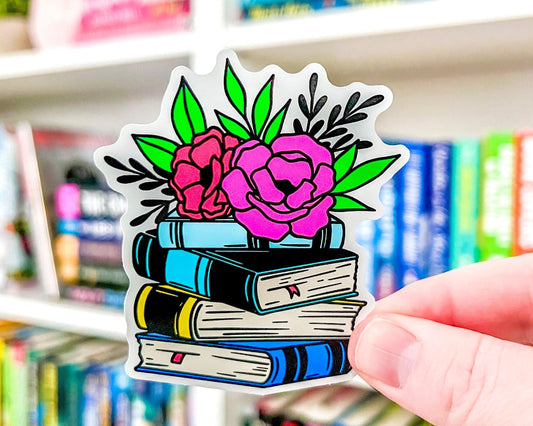 Floral Book Stack - Bookish Vinyl Sticker-Cricket Paper Co.