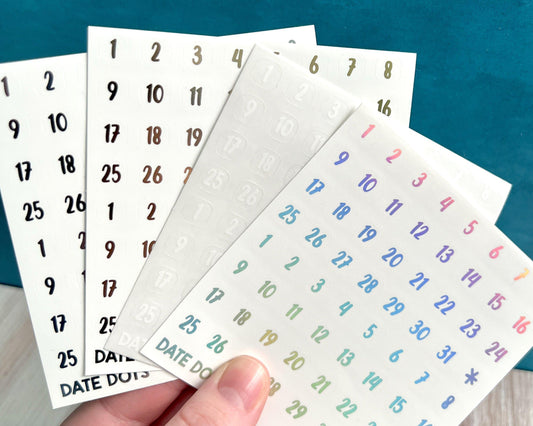 Foiled and White Date Dot Numbers Planner Stickers-Cricket Paper Co.