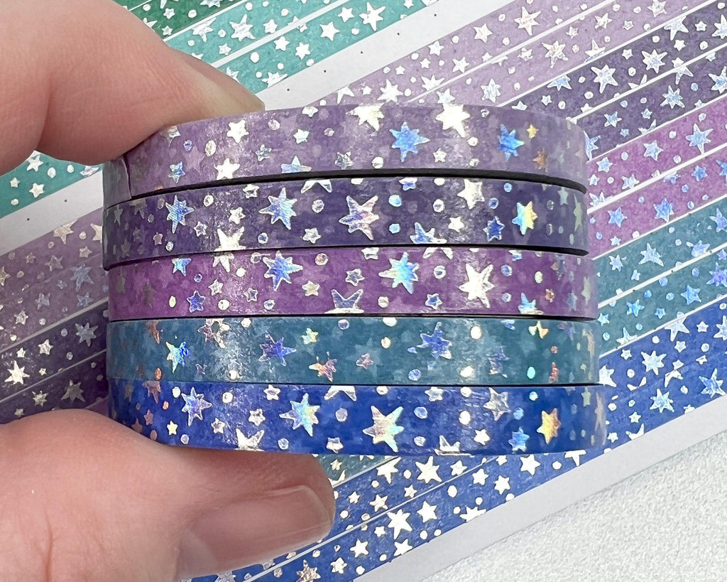 Purple Holographic Sparkle & Shooting star washi set of 2 (5mm + purple  holographic foil + white)