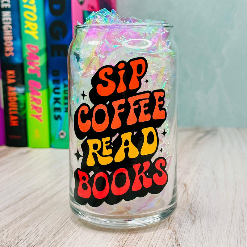 Sip Coffee Read Books - 16oz Libbey Glass Can Cup-Cricket Paper Co.