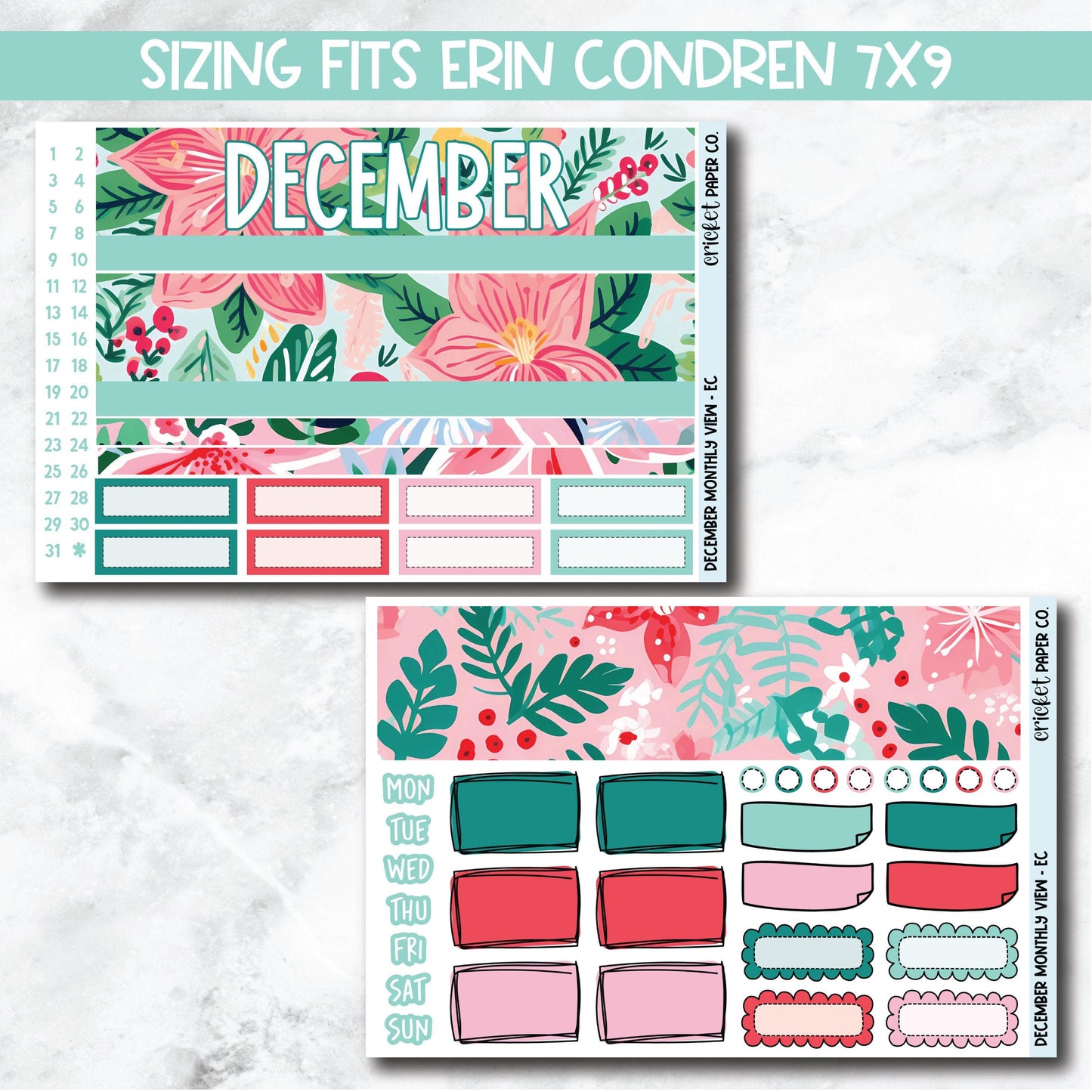December Monthly View Planner Sticker Kit for 7x9 Planners