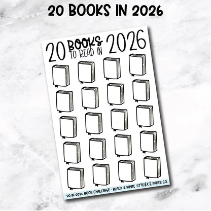 20 Books to Read in 2026 Challenge Book Journal Stickers - Black & White