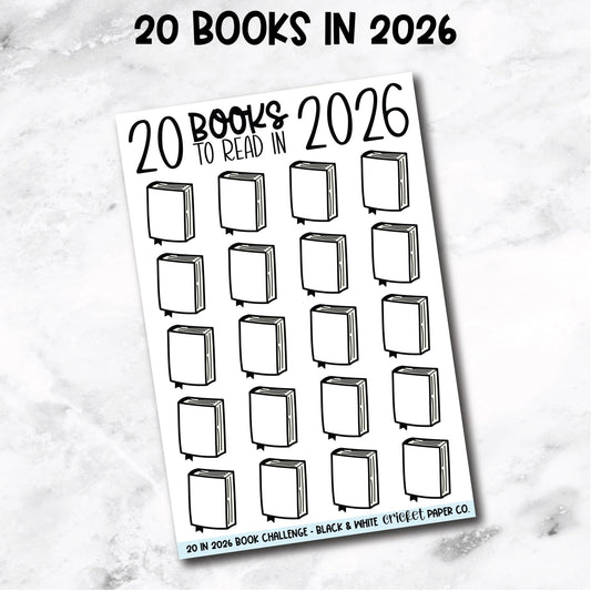 20 Books to Read in 2026 Challenge Book Journal Stickers - Black & White