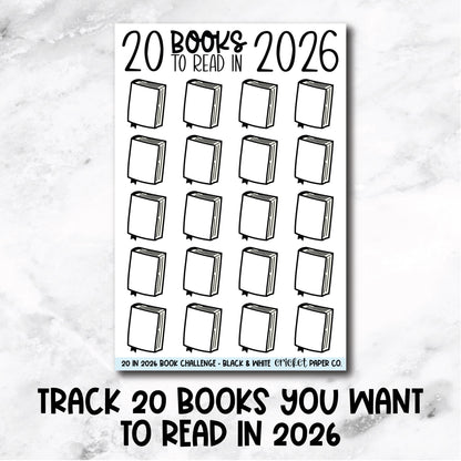 20 Books to Read in 2026 Challenge Book Journal Stickers - Black & White